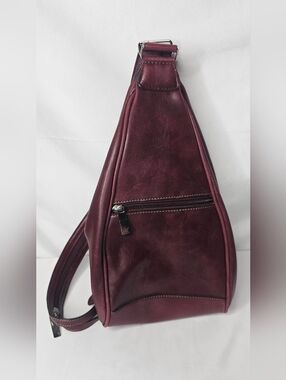 Rina Rich Burgundy Leather Teardrop Sling Backpack Convertible Zipper Strap Bag